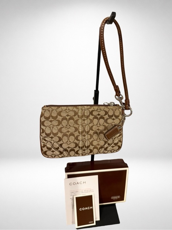 Coach Handbags - COACH Y2K Signature Monogram Canvas Wristlet Pouch Khaki Brown NWT Box Papers
